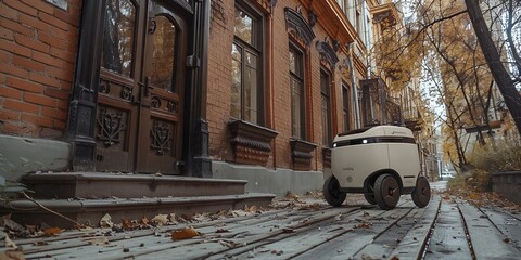 Autonomous delivery robot drives down a city street.