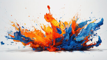 Dynamic splashes of neon orange and electric blue agnst a pure white background, capturing the viewer's attention with their intensity.