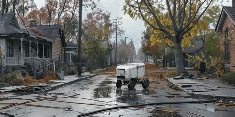 An autonomous electric vehicle drives through a deserted street littered with debris and fallen leaves.