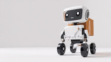 A cute robot carrying a box on a white background.