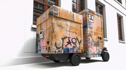 An autonomous delivery robot. It has graffiti on it and is parked outside a building.
