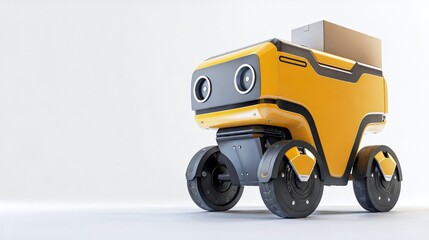 A yellow autonomous delivery robot with a box on it"