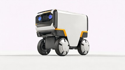 A self-driving delivery robot with a futuristic design and large wheels.