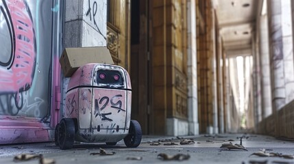 A small pink and white delivery robot sits on a city street with a box on its back.