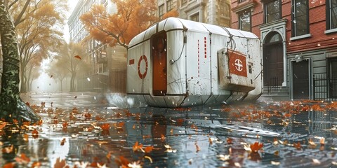 A self-driving futuristic medical pod drives through a rainy city street.