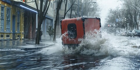 A red suitcase drives through a flooded city street, splashing water.