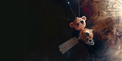 A cartoon illustration of a space satellite with a teddy bear head floating near a planet.
