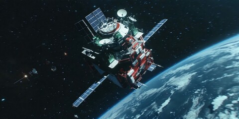 A communication satellite in orbit around the Earth.