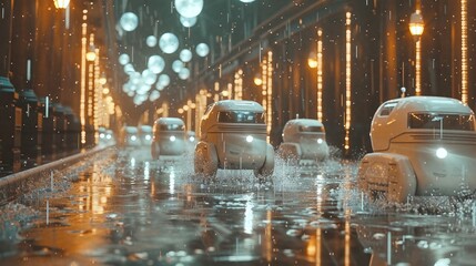 Futuristic self-driving cars drive through a rainy city street at night.