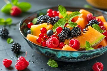 Fresh fruit salad with melon and mixed berries fruits, delicious and healthy snack option