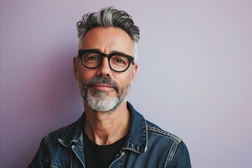 Portrait of a handsome middle-aged man with gray hair and beard wearing glasses and a denim jacket.