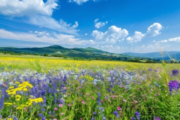 Stunning picturesque rural landscape with vibrant blooming fields and clear blue sky for sale