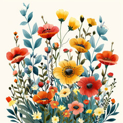 Brightly colored wildflowers illustrated on a pure white background, full of detail.