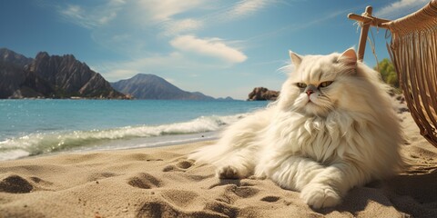 Persian cat lounging on beach, concept of Sunny day