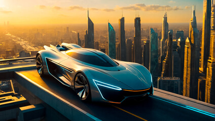 futuristic flying car in the city fantasy