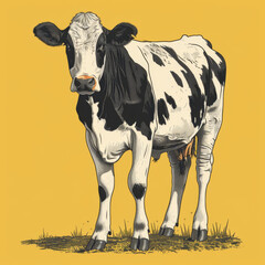 Artistic vintage-style illustration of a black and white cow on a yellow background.