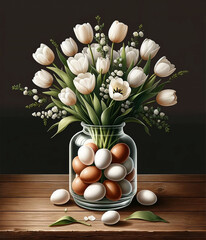 Easter floral arrangement spring flowers decorated eggs vase. Festive spring celebration concept - 782550972