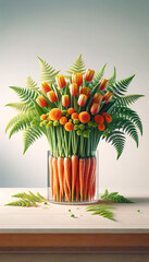 Creative and vibrant tulip bouquet in a carrot vase with ferns. Unique spring floral concept - 782550981
