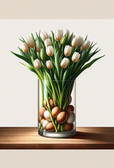 Easter floral arrangement spring flowers decorated eggs vase. Festive spring celebration concept - 782550999