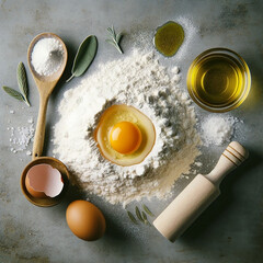 Ingredients for cooking with eggs, flour, olive oil, fresh herbs. Culinary background with raw food components - 782551110