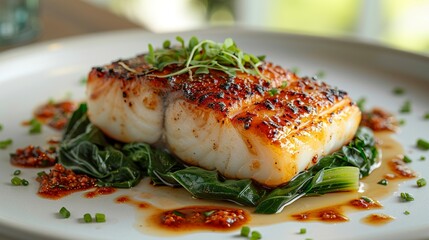 A medium-full portion of black cod served on a white plate, resting on a bed of vibrant green pak choi. Fish well presented with a golden-brown coating. - obrazy, fototapety, plakaty