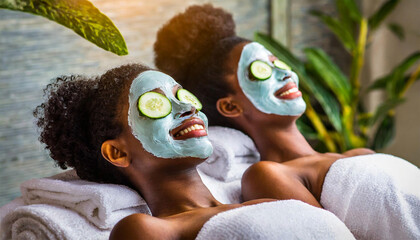 Two women in a spa laying down with facial masks and cucumber slices on their eyes.