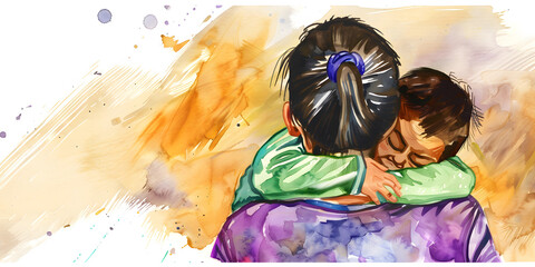 Water color painting of a mother and kid hugging for mother day banner design - 782551979