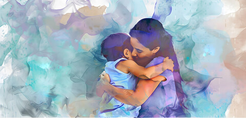 Water color painting of a mother and kid hugging for mother day banner design - 782552110