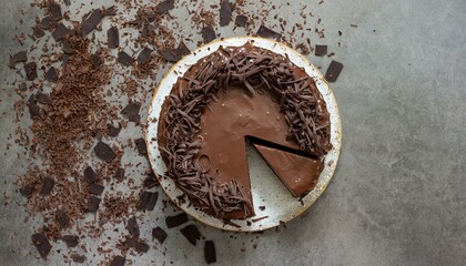 Top view of a chocolate cake with icing and chocolate shavings.
