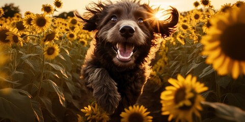 Playful dog jumps through field of sunflowers, concept of Freedom