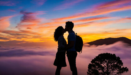 Silhouette of a couple sharing a kiss against a colorful sunset. - 782552951