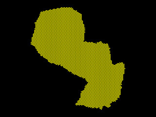 A sketching style of the map Paraguay, consisting of yellow triangles. An abstract image for a geographical design template. Image isolated on black background.