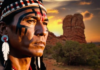 A beautiful close-up of a warrior of the proud Apache people, one of the most important and famous...