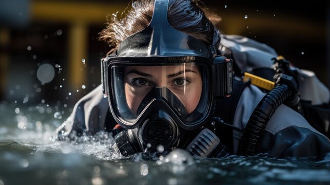 a woman wearing a scuba mask and diving gear
