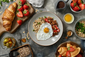 Delicious brunch set with fried egg, croissants, granola, fresh strawberry on breakfast table, overhead view
