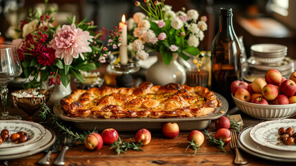 A table with a large pie and a bunch of apples. The table is set for a meal with a variety of dishes and utensils - Powered by Adobe