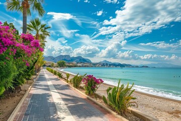 Scenic view of albir town and seaside promenade with mediterranean sea in alicante, spain