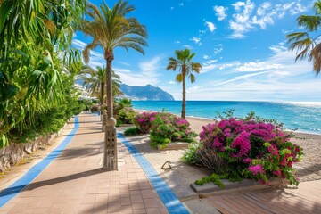 Scenic view of albir town with boulevard, beach, and mediterranean sea in alicante, spain