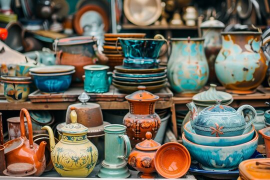 Vintage secondhand household items for sale at flea market or thrift store for sustainable living