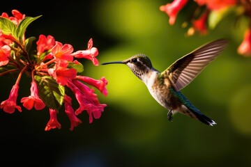 a hummingbird flying next to a flower - obrazy, fototapety, plakaty
