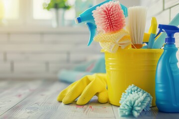 Assorted cleaning supplies and tools for professional cleaning service advertisement