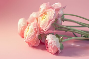 A bunch of pink ranunculus flowers on a pastel background