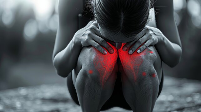View of a young woman's knee pain at the front. The pain area is red in color.