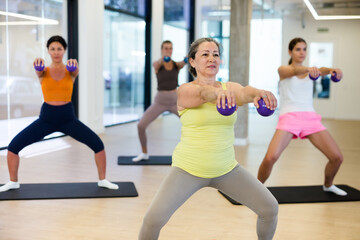 Fototapeta na wymiar Group of women doing exercises with dumbells during fitness training