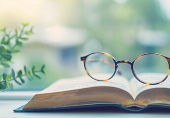 A pair of glasses resting on an open book, symbolizing the connection between reading and vision health