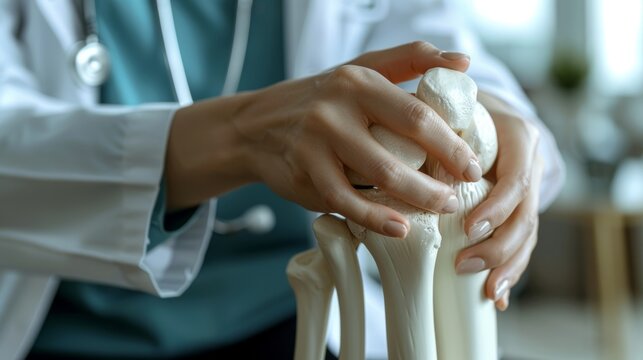Professional Doctor pointed at an area of a model knee joint. This is a medical and orthopedic concept image with some copy space.
