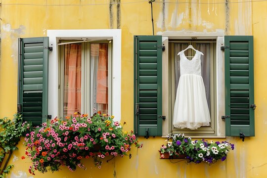 A white wedding dress hangs on the window of an old yellow house, surrounded by green shutters and flower boxes full of flowers.