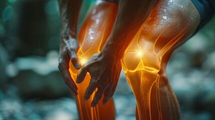 An illustration of popliteal fossa pain, as well as joint pain, cruciate ligaments for example. A man stands on his back leg with his hand over the area. - obrazy, fototapety, plakaty