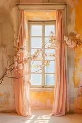 open window with pastel pink curtains and flowers hanging on the wall in front of it, pastel yellow walls.