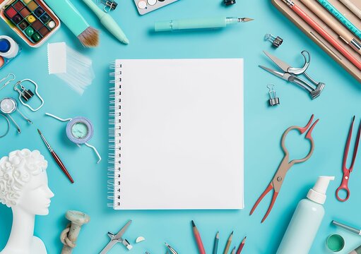 A blank white spiral notebook is centered on the page, surrounded by various art supplies such as paintbrushes and paper dolls.